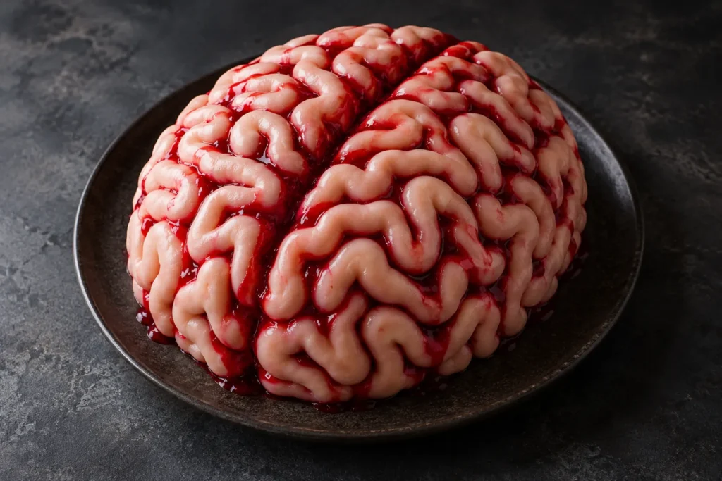 Gâteau cerveau d'Halloween au chocolat recouvert de pâte d'amande et de coulis de framboise