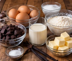 Ingrédients de la bûche de Noël au chocolat : œufs, farine, chocolat noir, crème, beurre et pâte à sucre, sur un plan de travail