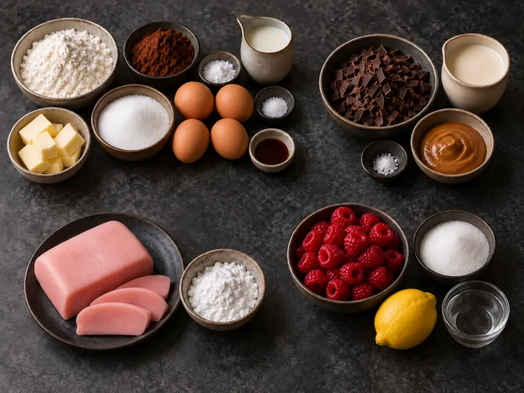 Ingrédients du gâteau cerveau d'Halloween : biscuit au cacao, ganache pralinée, pâte d'amande et framboises
