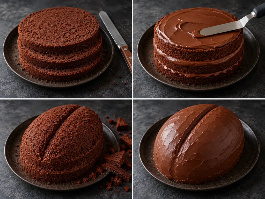 Montage en quatre étapes du gâteau cerveau : découpe des disques, garnissage, sculpture ovale et couche de ganache