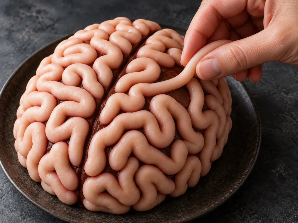 Façonnage des circonvolutions du gâteau cerveau avec des boudins de pâte d'amande
