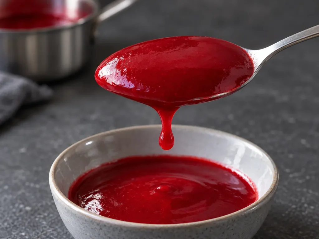 Test de consistance du coulis de framboise nappant le dos d'une cuillère