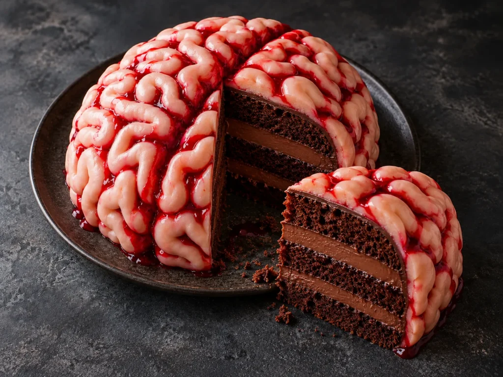 Gâteau cerveau d'Halloween coupé, couches de biscuit au cacao et de ganache pralinée visibles