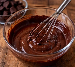 Ganache au chocolat noir en préparation, mélangée jusqu'à obtenir une texture lisse et brillante