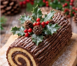 Bûche de Noël roulée au chocolat, décorée de houx, de baies rouges et de pommes de pin, sur une planche en bois