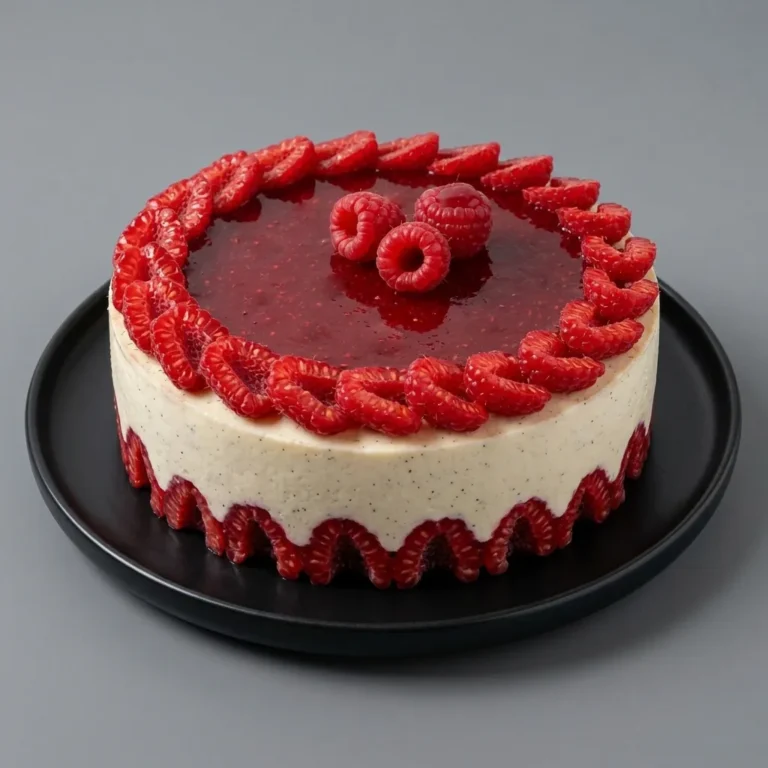 Gâteau Framboisier artisanal à la crème vanille et aux framboises, décor de pétales écarlates, dessert de fête pour anniversaire, mariage et réception à Lit-et-Mixe.