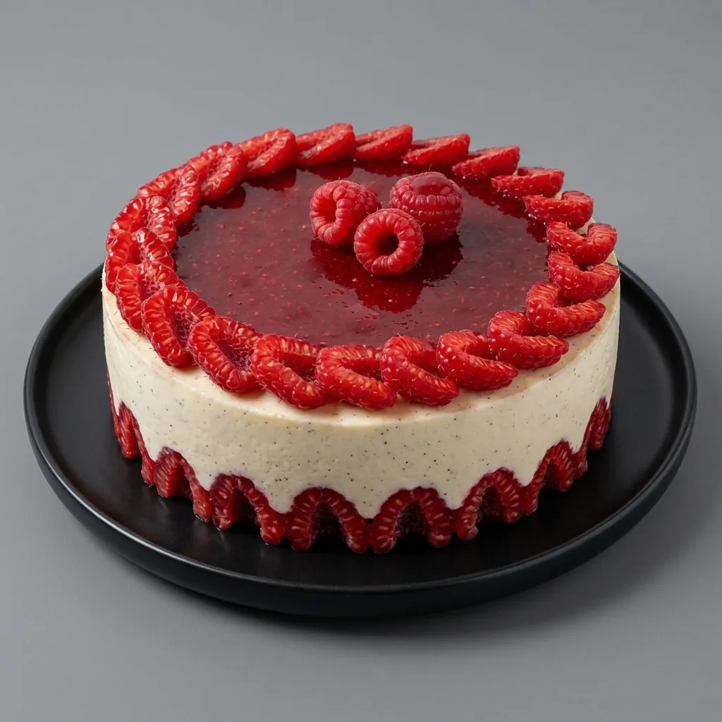Gâteau Framboisier artisanal à la crème vanille et aux framboises, décor de pétales écarlates, dessert de fête pour anniversaire, mariage et réception à Lit-et-Mixe.
