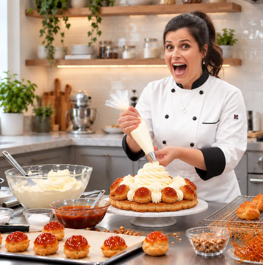 La créatrice de Mimi la petite souris garnit un gâteau à la poche à douille dans son atelier