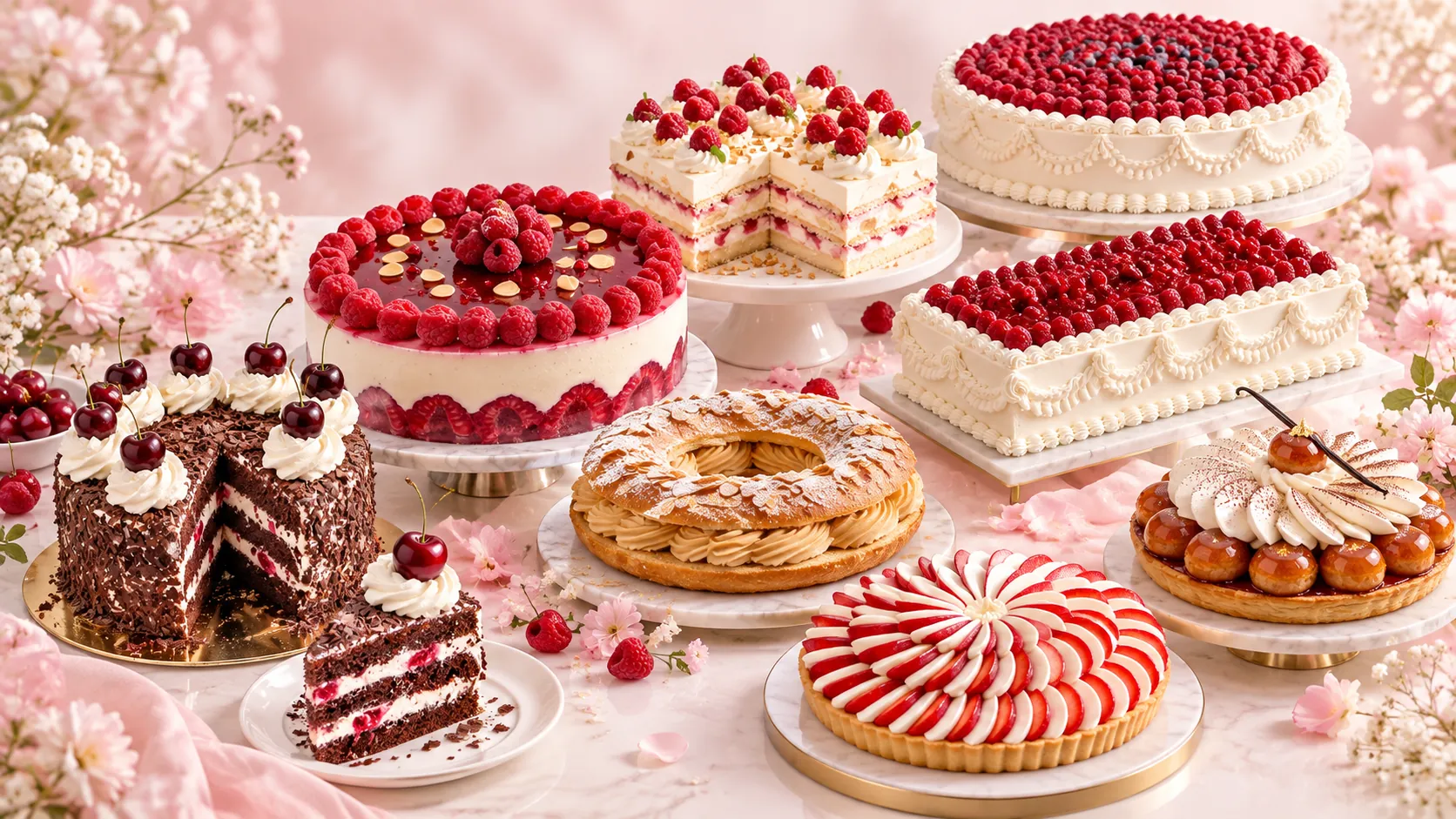 Assortiment de gâteaux et tartes aux fruits rouges sur une table fleurie